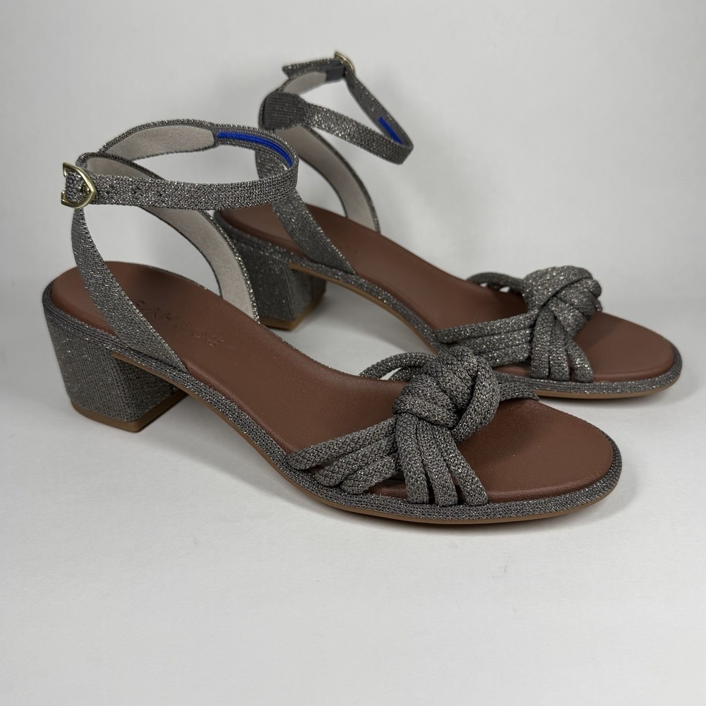 Rothy's Womens Size 7 Metallic Silver Sand The Knot Heeled Sandals Ankle Strap
